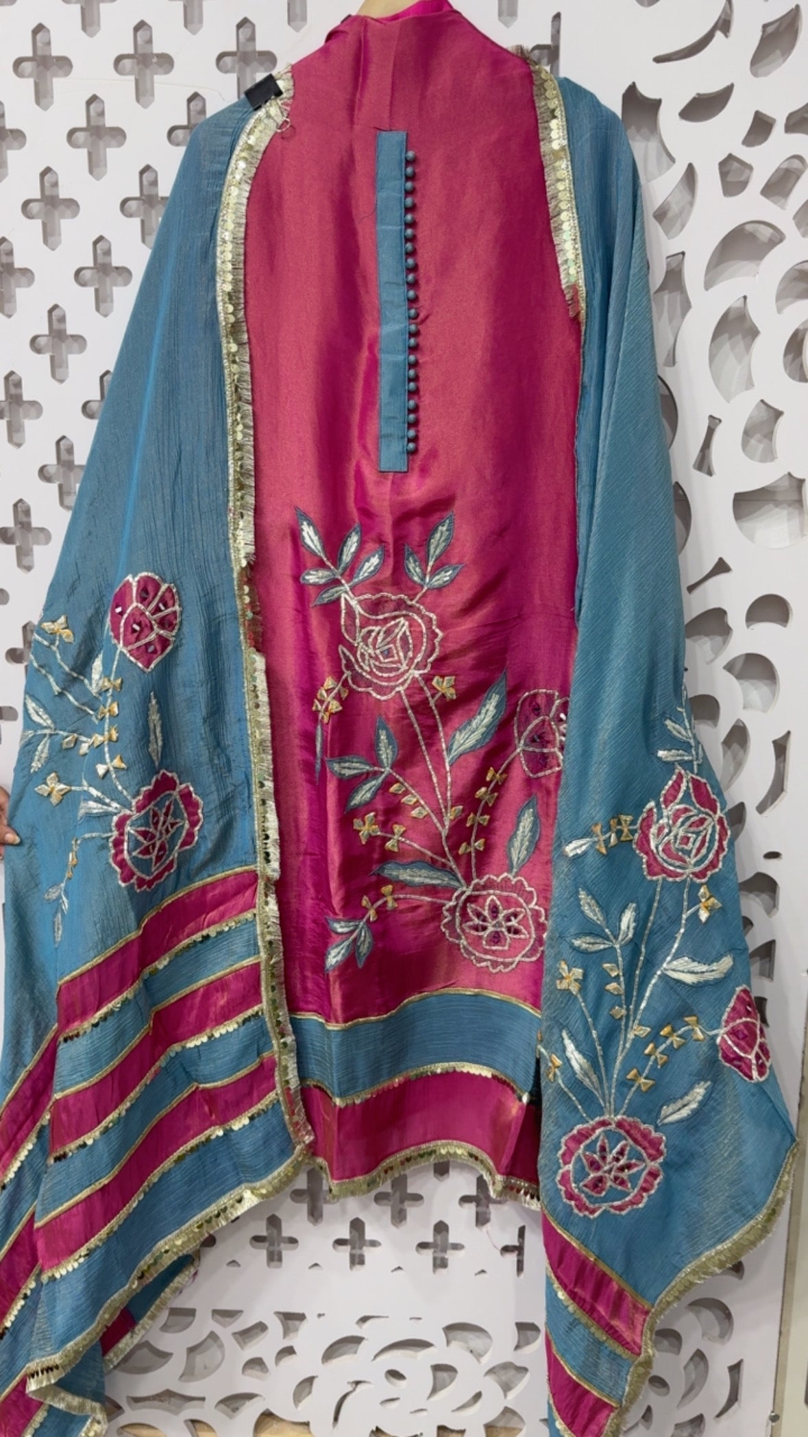 Jackpot series premium wedding collection shimmer silk Gota and handwork partywear suit material with designer heavy dupatta GF813