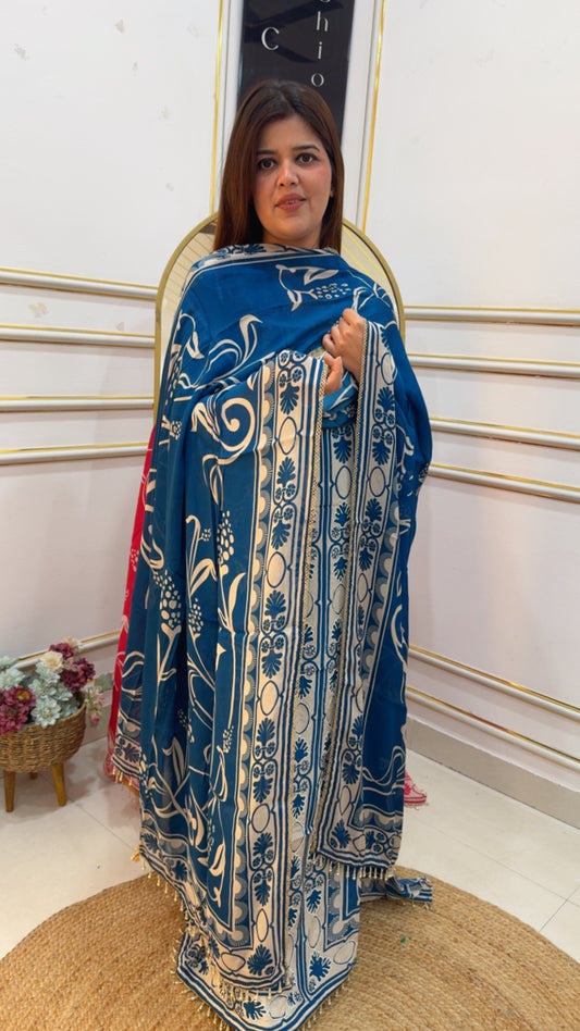 Premium pure crape Karachi digital print and handwork Unstiched suit material with digital crape dupatta and crape bottom GF1016 Blue