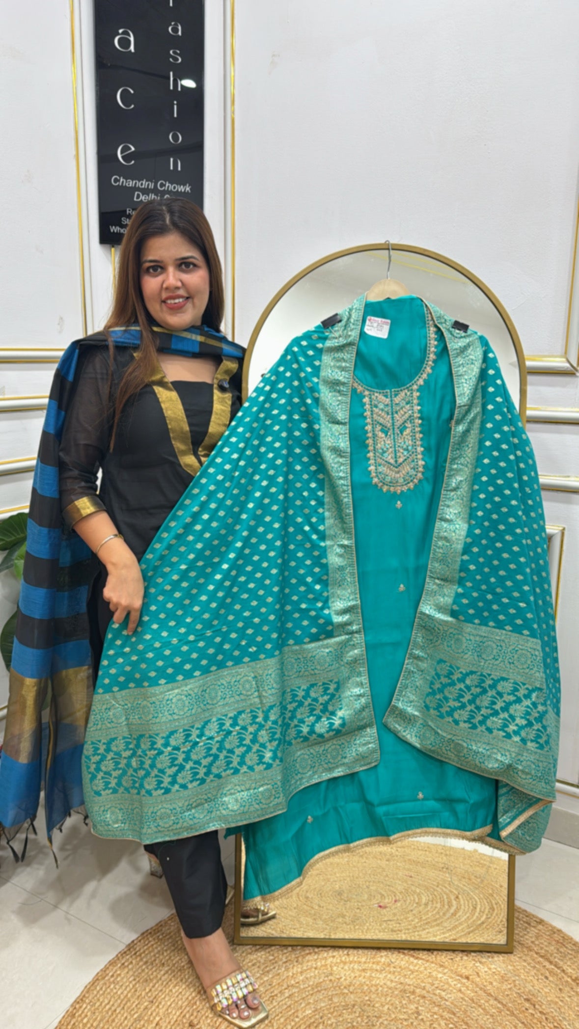 Rakhi Special – Soft Silk Suit Material with Zardozi Neck &amp; Weaved Dupatta GF 359