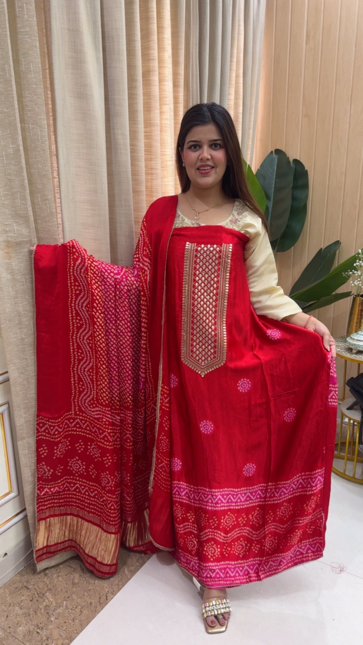 Style and elegant Moonga silk jamdhani embroidered classic suit material along with block print beautiful dupatta GF1211 Scarlet Red