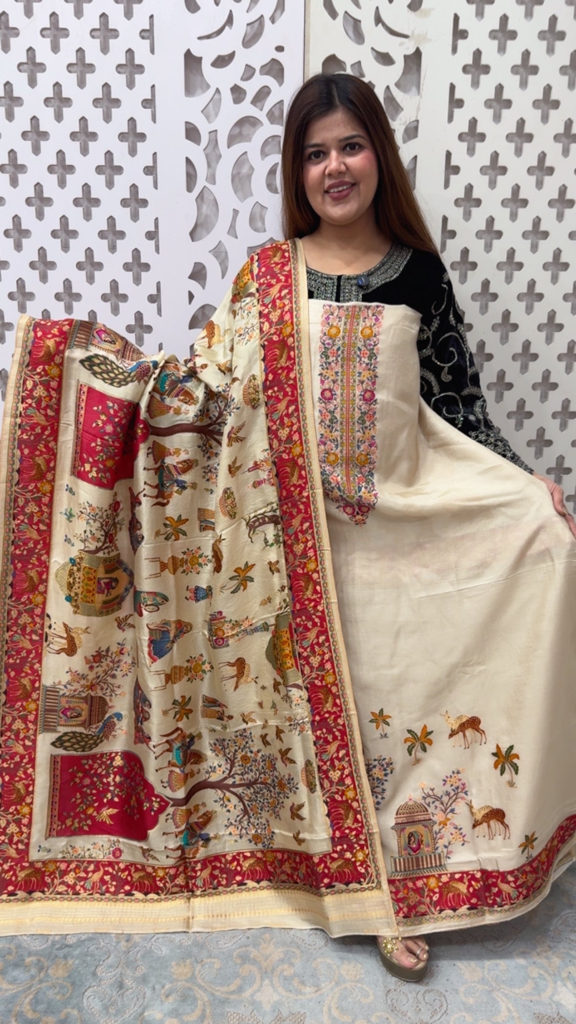 Premium and Royal ultra luxury full weaved raw Russian silk  Pichwai art designer wedding style suit material along with full length weaved dupatta GF847