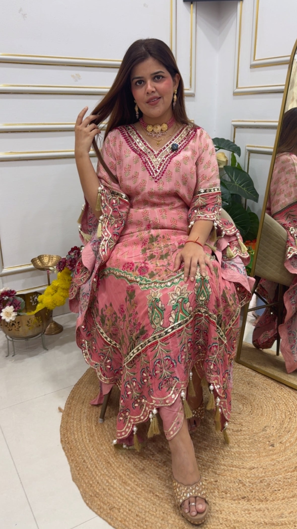 Ready to wear premium pure Chinnon pure digital printed with full peeta work and leather patch work Kaftaan dress with tulip pants(fits upto size 44) GF 701
