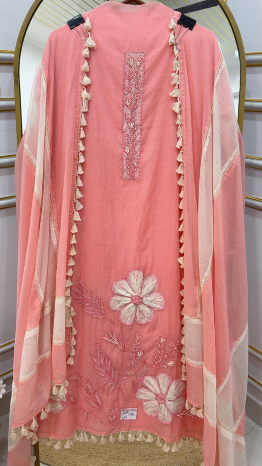 Ultra luxurious royal summer series Mul Mul ribbon applique work detailing premium suit material GF1012 blushing pink