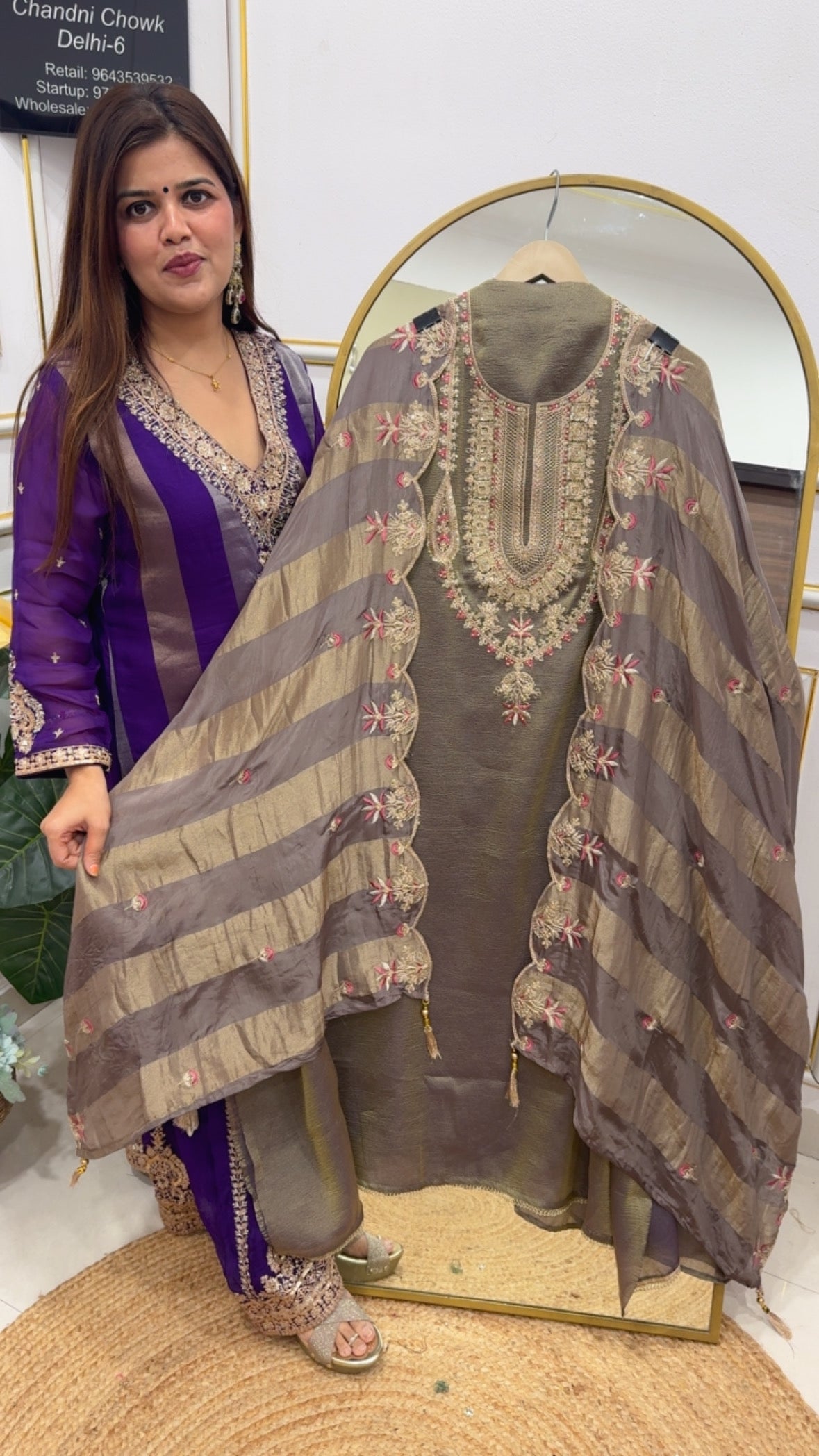 Partywear special designer crushed silk material along with designer scalped dupatta suit material with metallic colour chart GF760