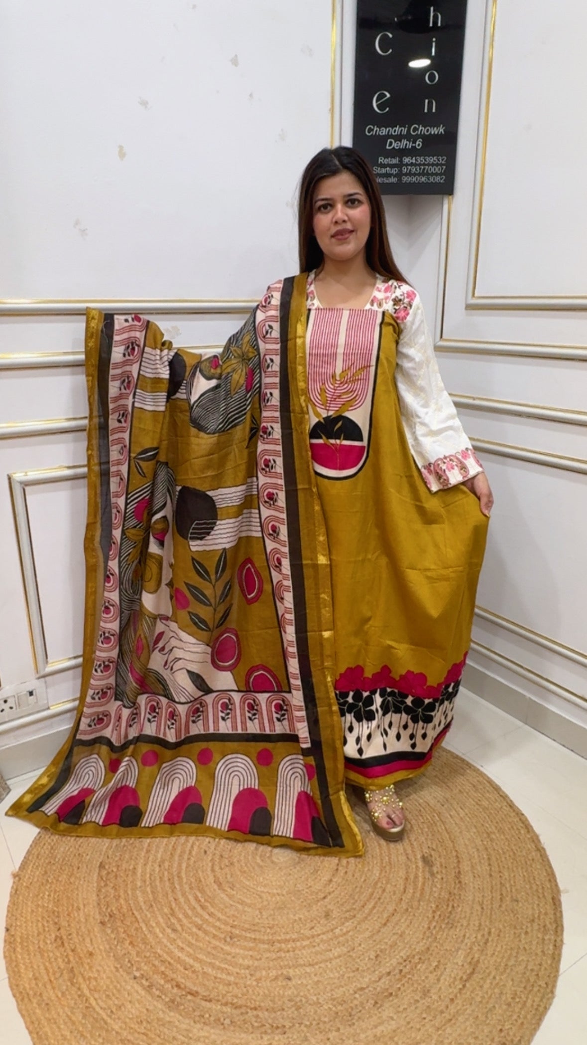 Best seller pure cotton unique front and back printed suit material along with facial printed dupatta along with cotton bottom GF1128 Golden Yellow
