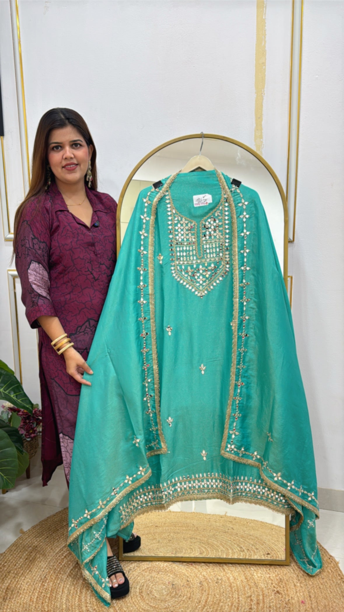 Best seller pure shimmer silk mirror handwork neck suit material along with mirror detailing shimmer silk dupatta GF593
