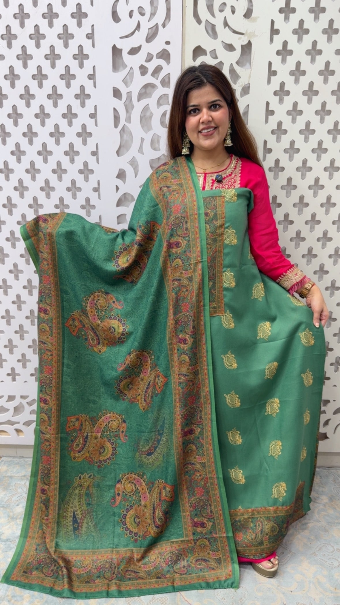 Winter special premium pashmina full embroidery suit materials with designer printed pashmina shawl along with pashmina bottom GF826