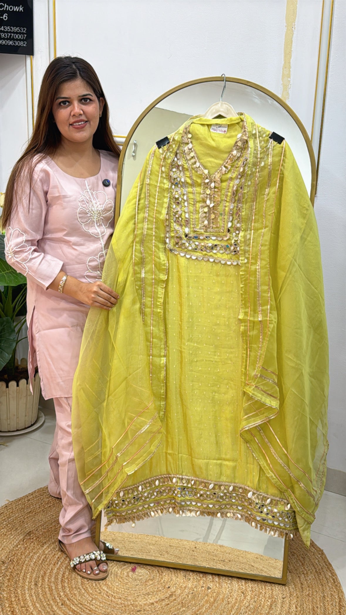 Partywear Pure Shimmer Silk Suit with Mirror Work &amp; Organza Dupatta GF 467