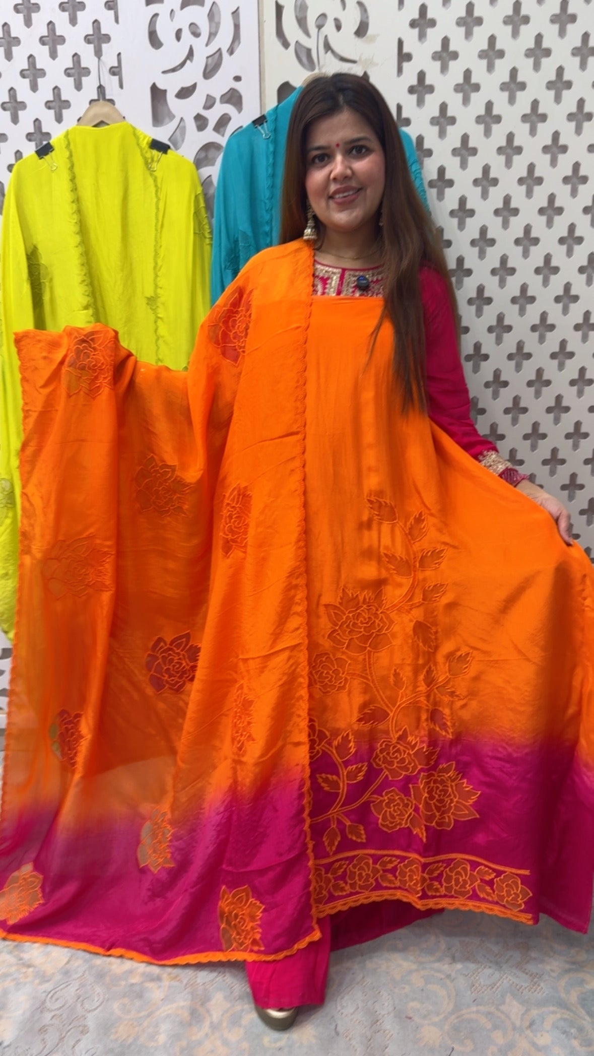 Vibrant premium pure crape silk suit material with laser Applique work detailing along with beautiful ombre GF 829