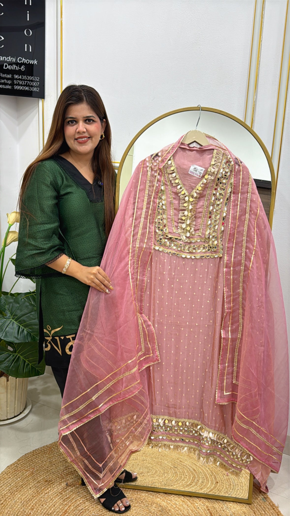 Premium Shimmer Silk Suit with Handwork Neck & Gota Detailed Organza Dupatta GF 316