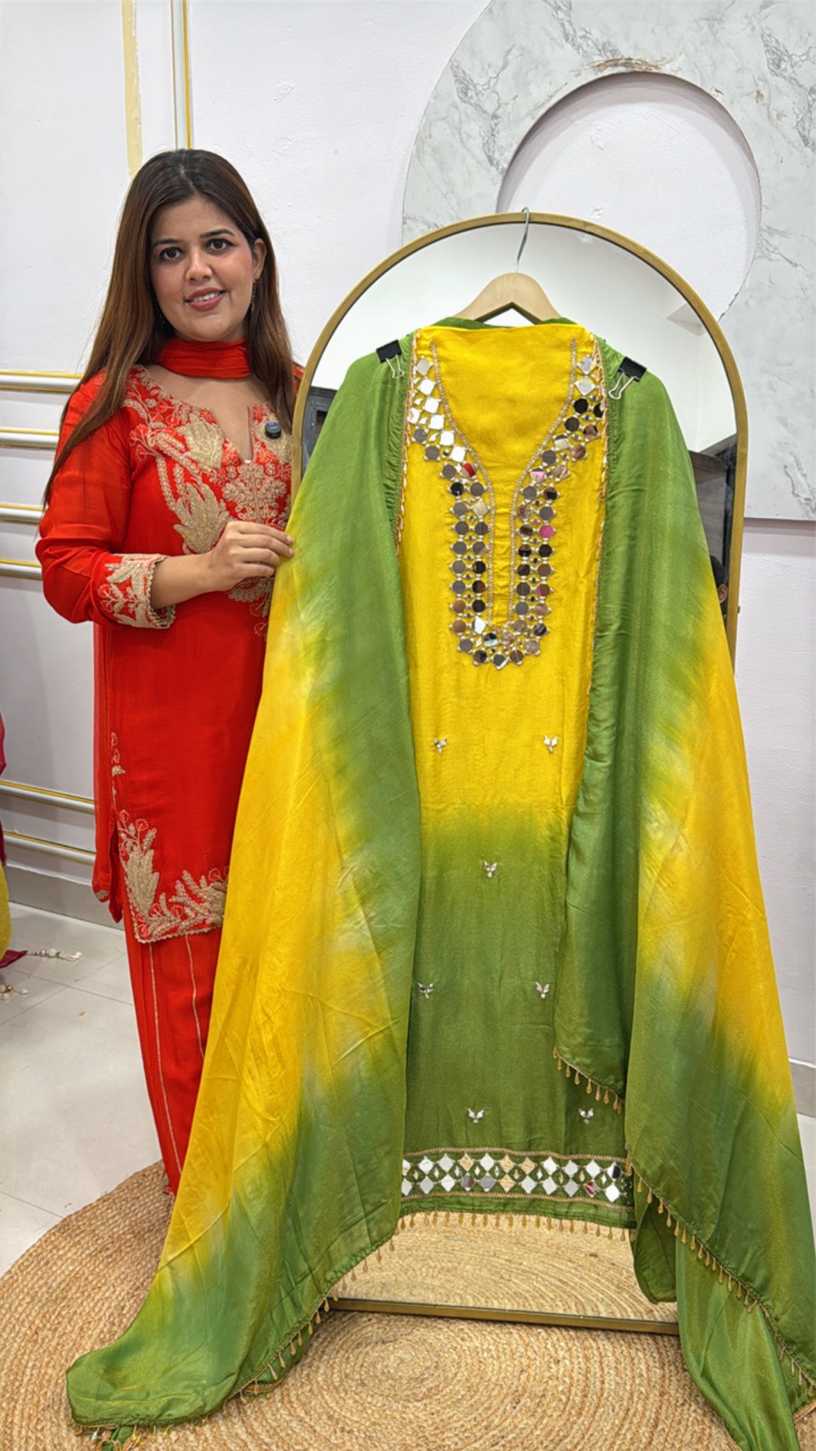 Trending and best seller mirror style shimmer silk suit material with manual mirror work all over shirt and dupatta GF496