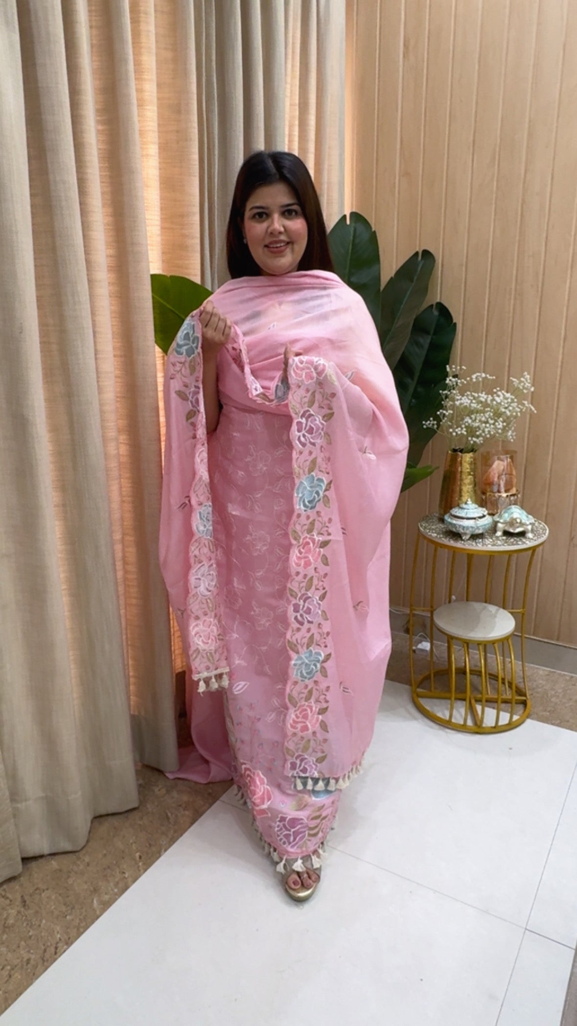 Royal and classy pure Mul Chanderi elegant suit material with classy scalped embroidered dupatta cool and stylish GF1170 Blush Rose Pink