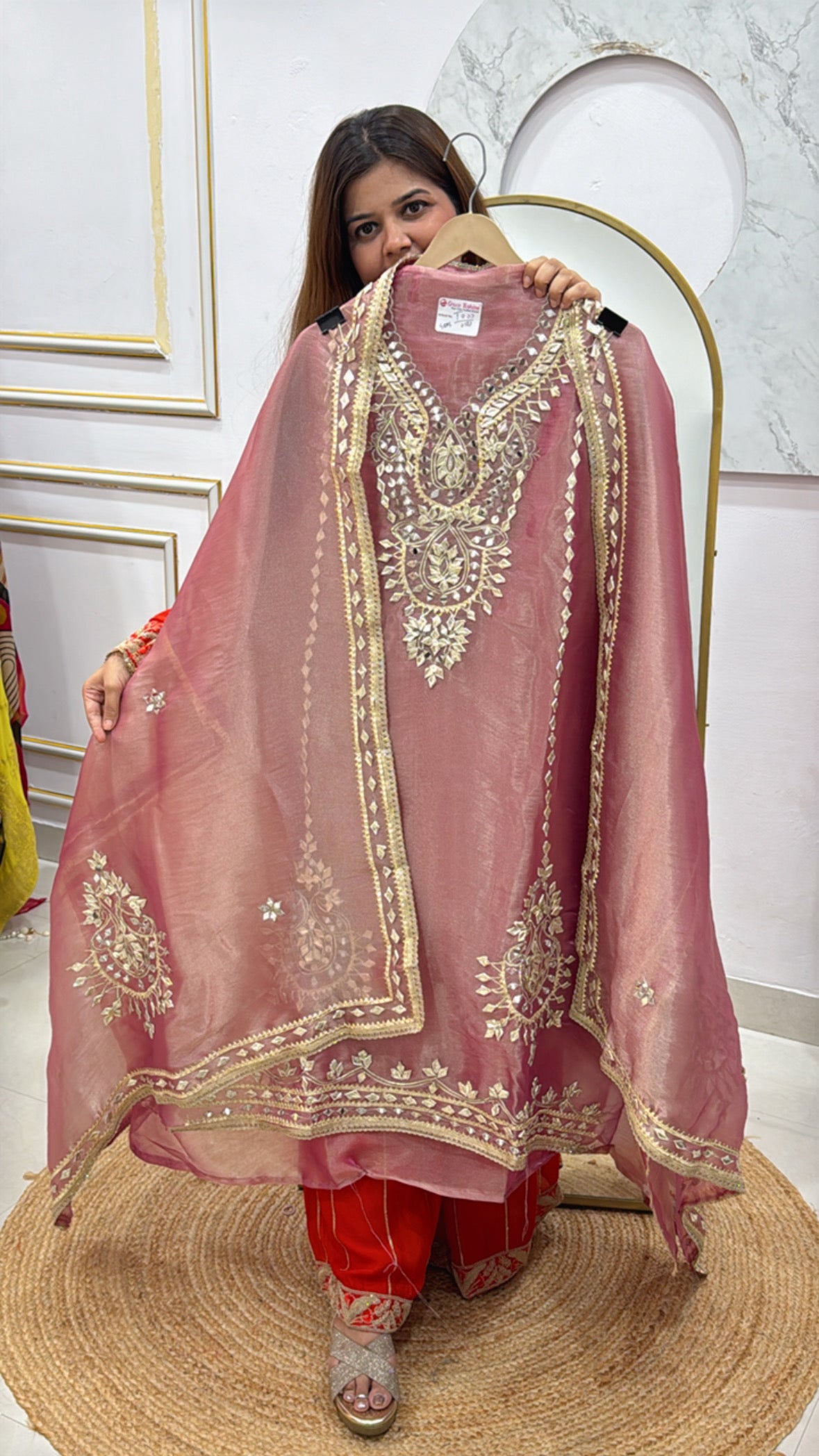 Most trending pure shimmer tissue suit material with latest gota work all over shirt and dupatta  GF497