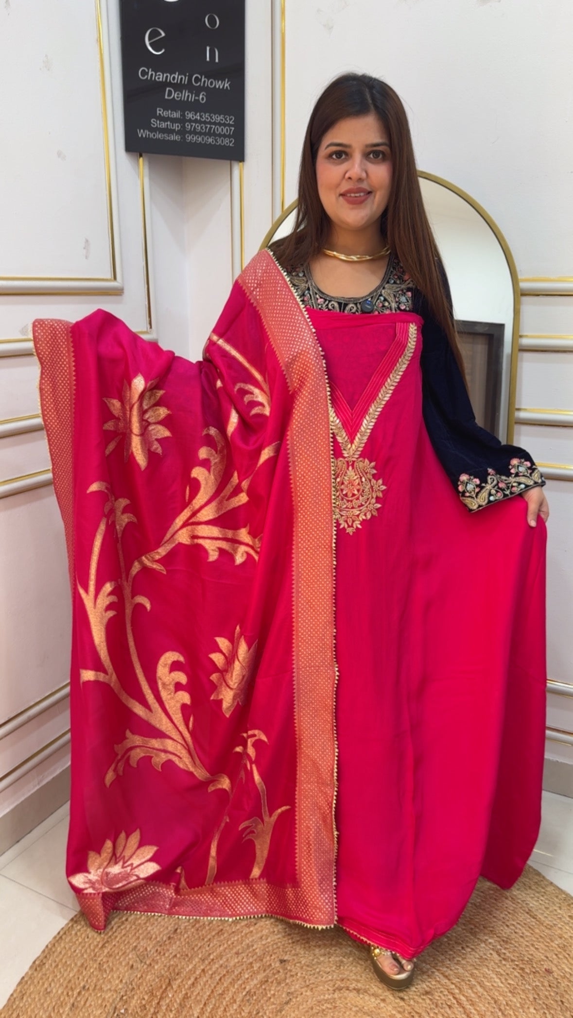 Partywear special premium pure crepe with unique handwork detailing suit material along with weaved banarasi silk dupatta along with silk bottom in jackpot price GF875