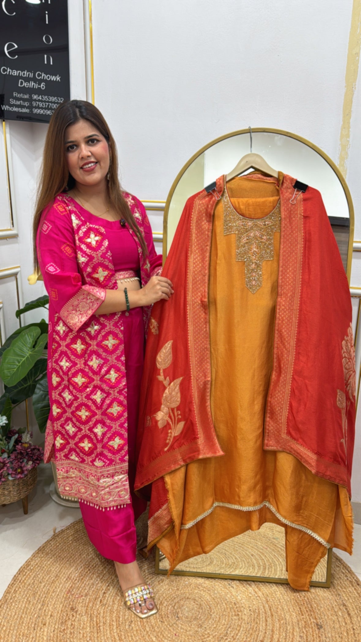 Royal and elegant pure shimmer silk suit material along with decent handwork neck with pure weaved kanjivaram banarasi dupatta GF 529