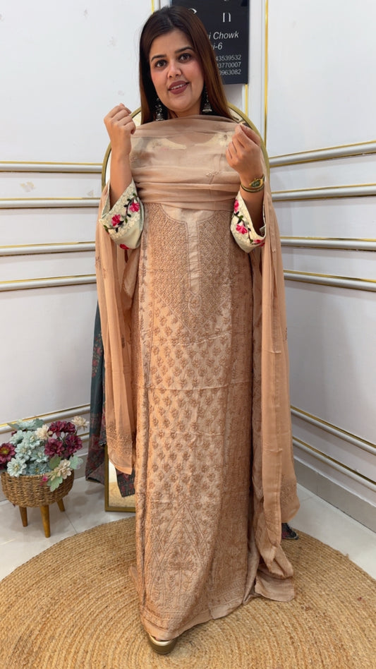 Premium pure very royal raw silk full kantha thread embroidered suit material along with chiffon dupatta GF1014 CHAMPAIGNE BEIGE