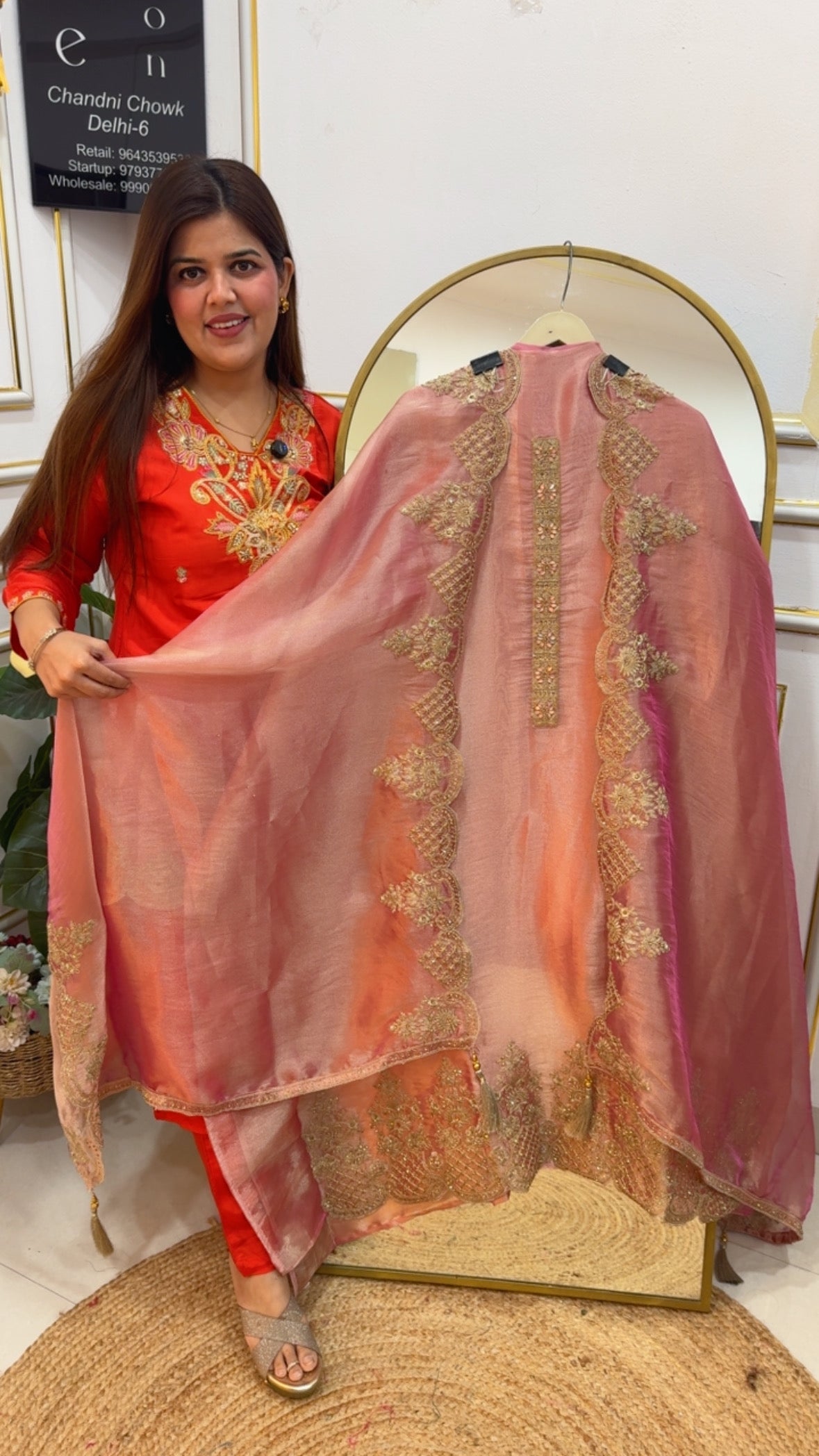 Royal and elegant tissue silk suit material with classy handwork detailing all over suit and dupatta GF761