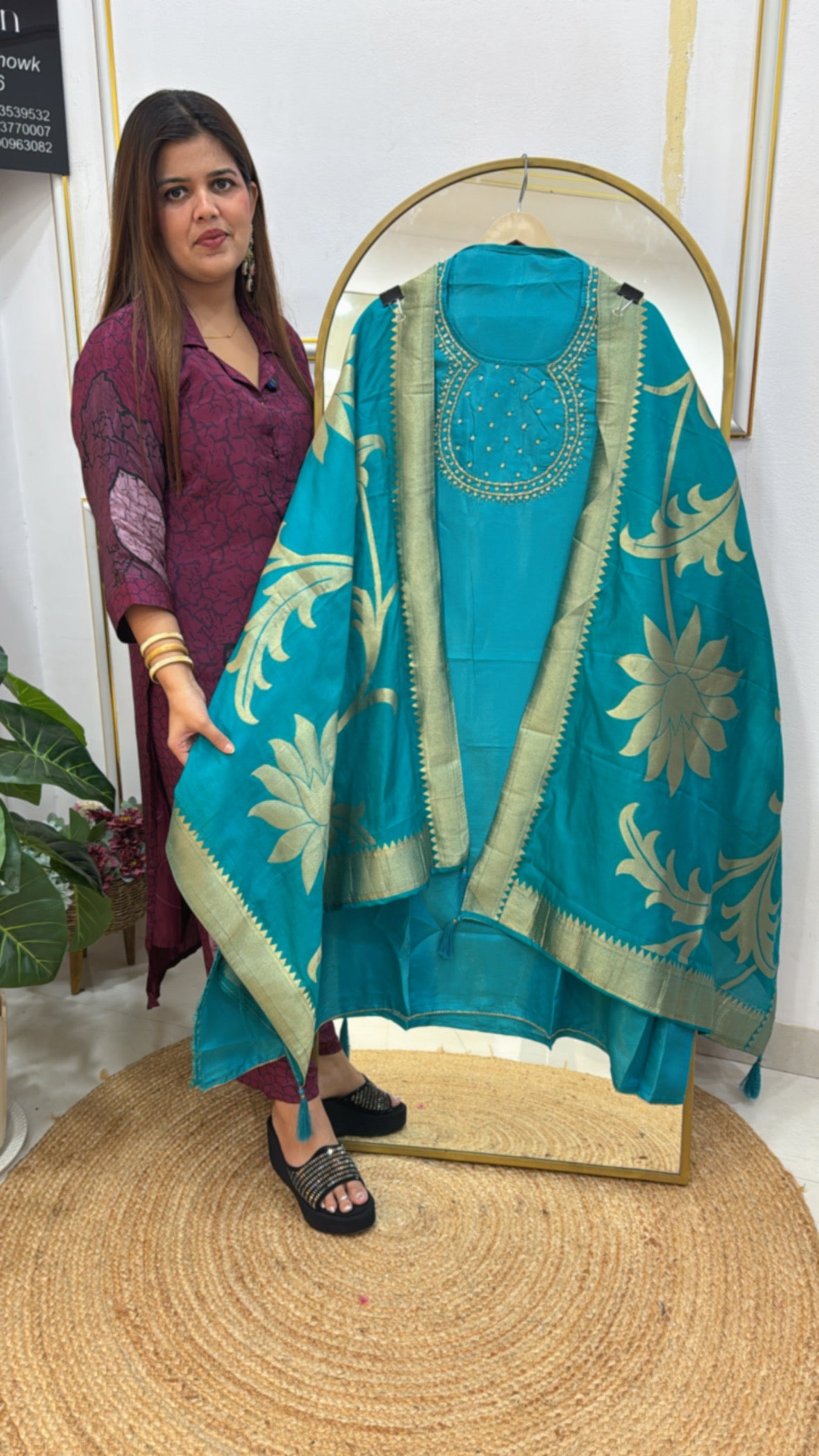 Special festival series pure shimmer silk suit with neck handwork along with weaved banarasi dupatta GF591