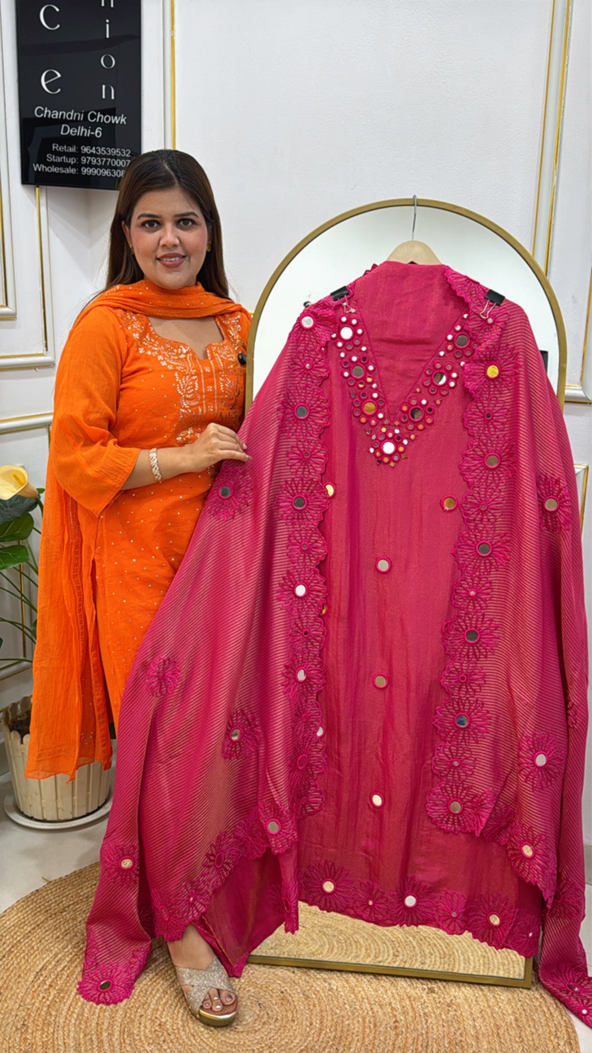 pure shimmer silk suit material with mirror work detailing and weaved dupatta GF 335