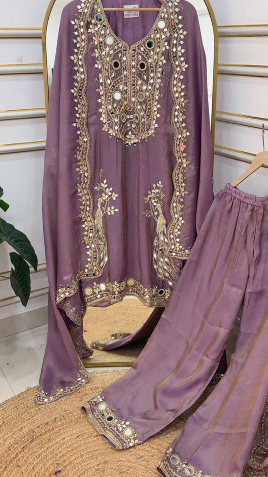 Ready to wear classy and partywear pure ziraffe silk premium mirror work with all over Gota work detailing beautiful dress. fits upto size 46 GF948