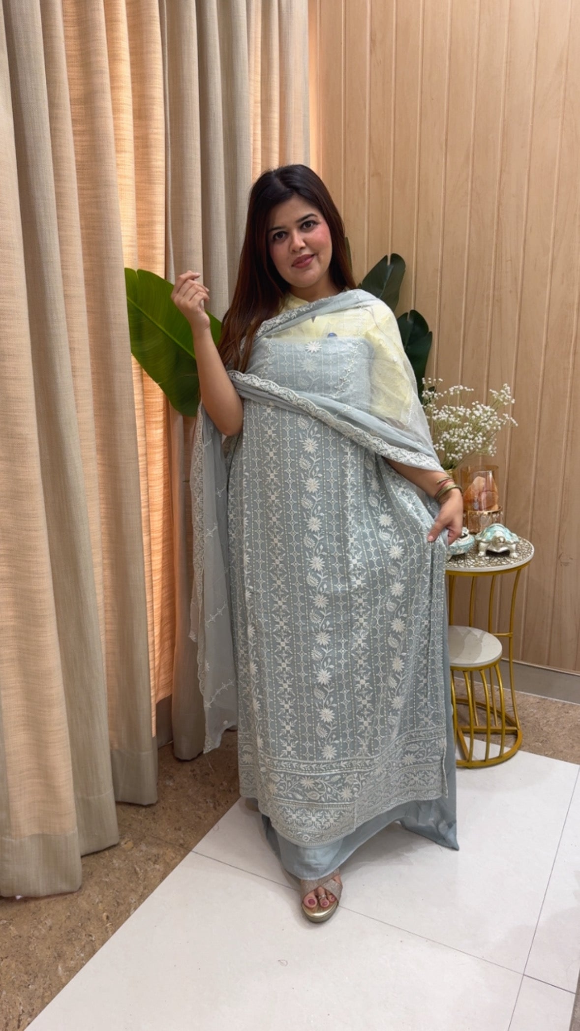 Timeless elegance Lucknowi pure Georgette designer and premium Chikankari suit material with pure chiffon Chikankari dupatta GF1177 Mist Blue