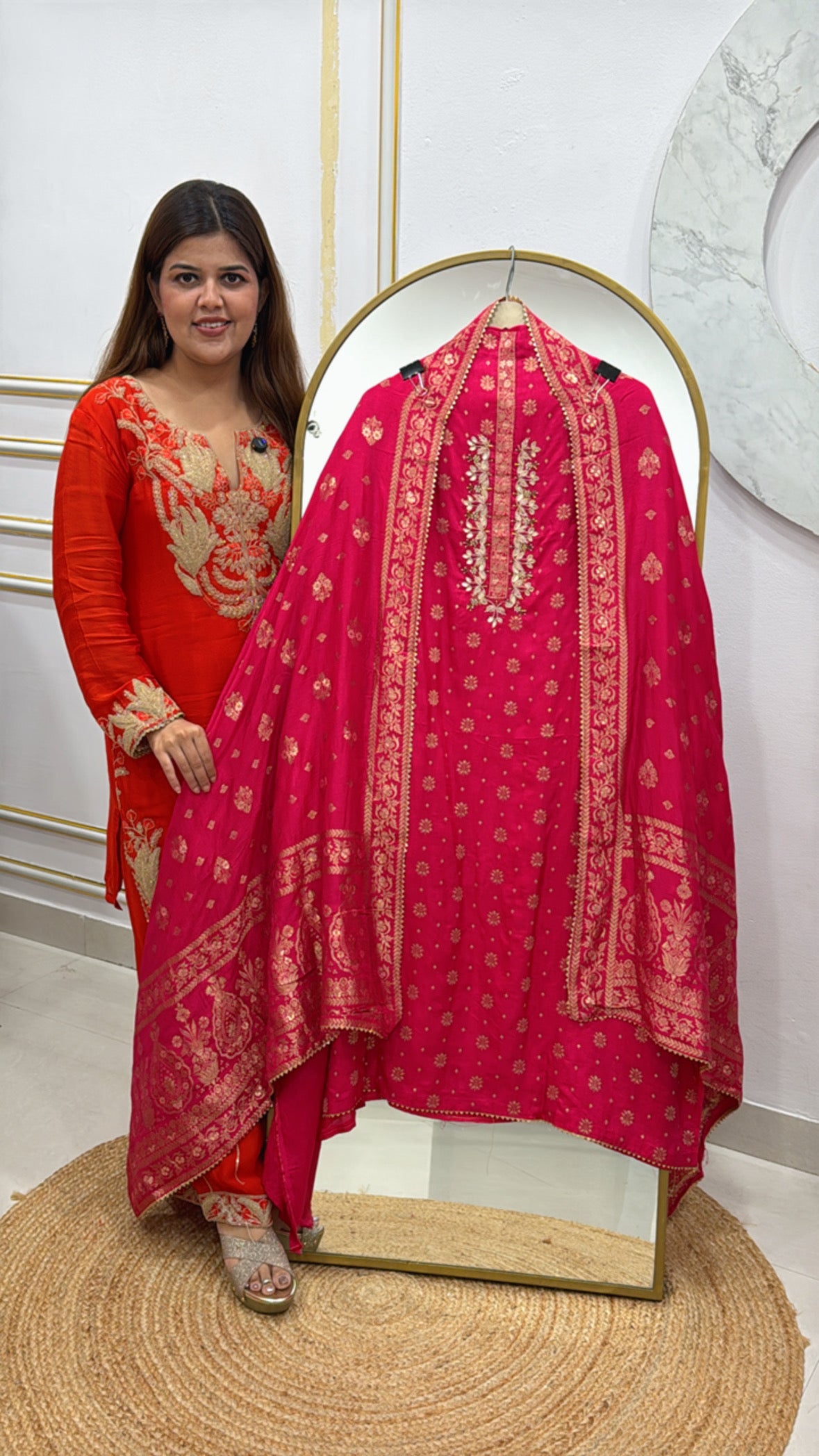 Super stylish pure silk suit material with designer handwork along with weaved banarasi dupatta GF492