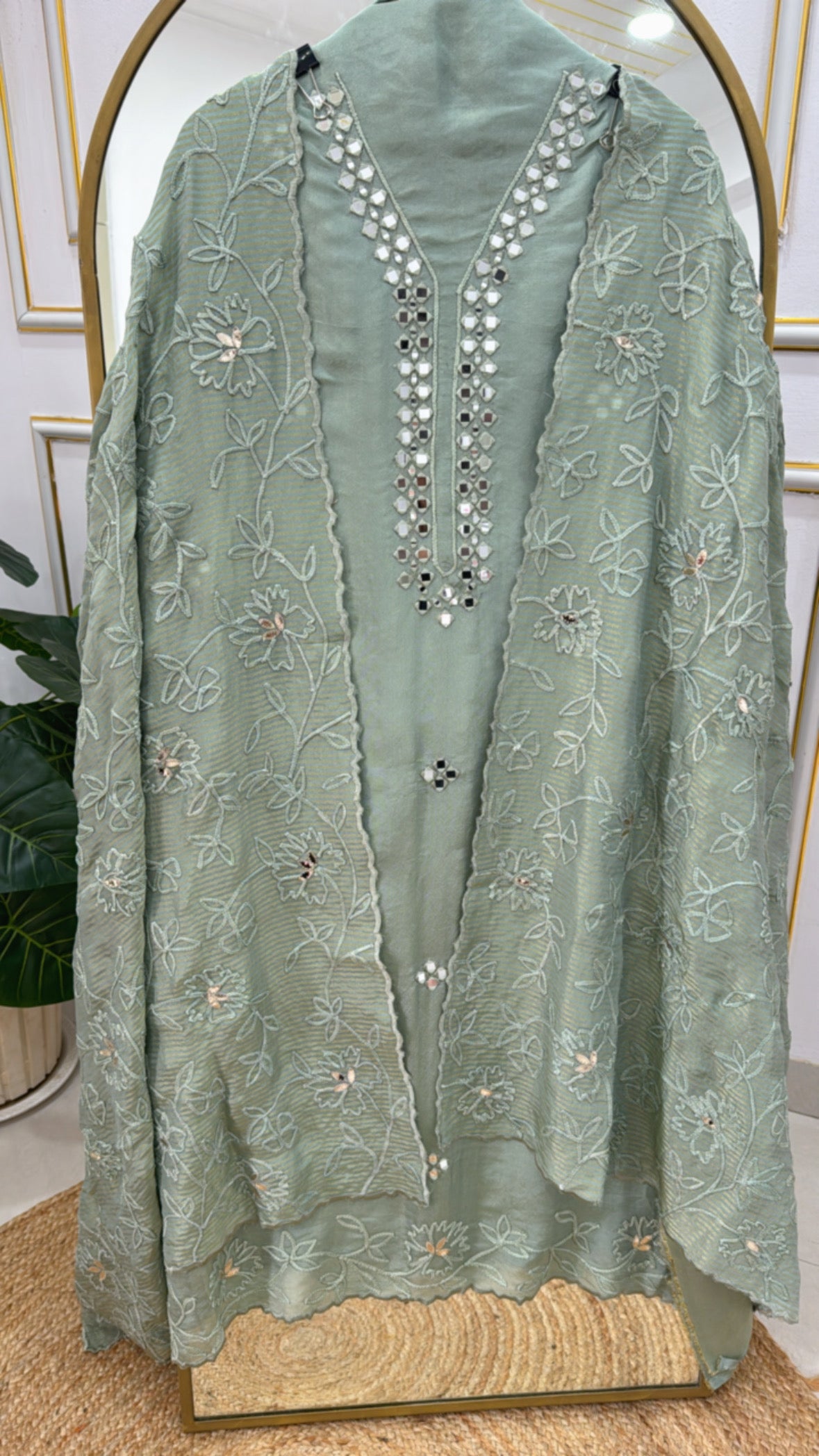 Pure burberry shimmer silk with real mirror detailing over the neck along with pure silk fully applique embroidred dupattas GF 327