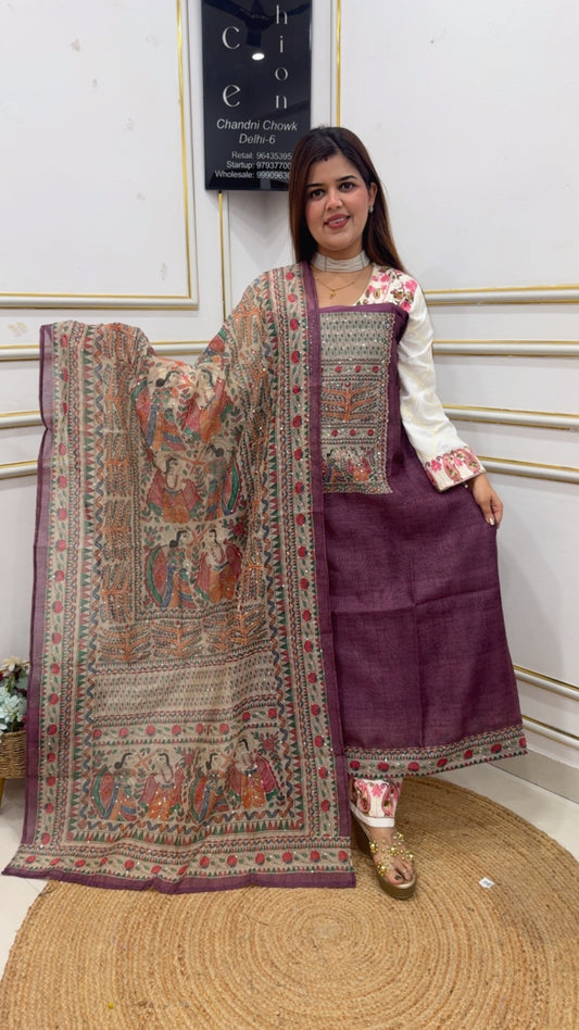 Everyone favourite super Royal and classy Mul Chanderi Khantha work suit material along with pattachitra printed art work GF1094 WINE RED
