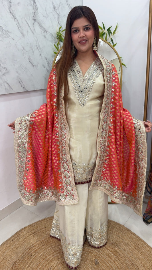 Partywear Special premium pure shimmer silk ready to wear dress with Gota work and heavy designer Gota Banarasi dupatta royal and elegant GF958