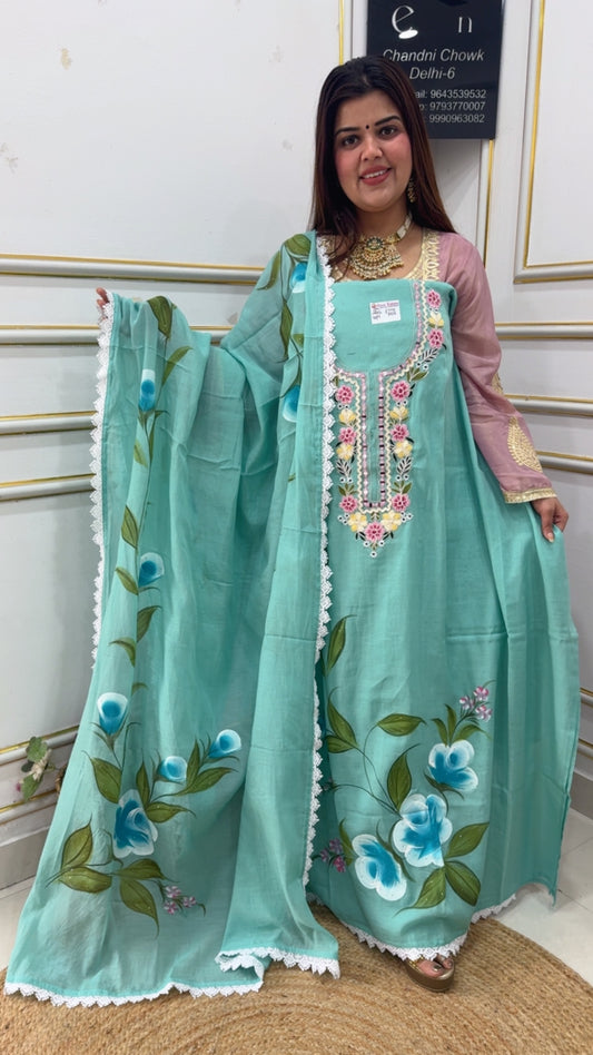 Latest and Designer Mul Mul hand paint series along with designer neck hand embroidery work along with pure Mul Mul hand painted dupatta GF1087 LIGHT BLUE