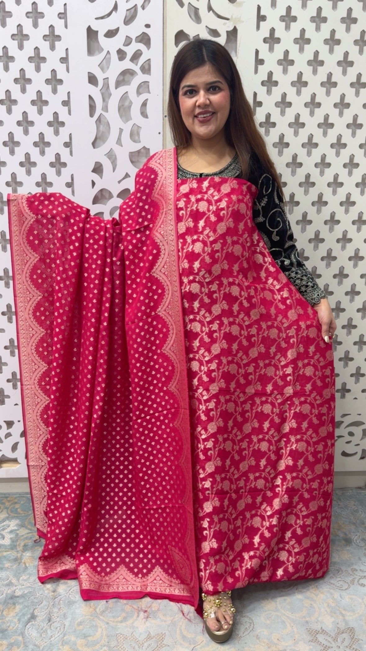 “KHADDI SILK MAGIC “Pure and original royal lute luxurious Khaddi silk suit material with full premium Khaddi silk celebrity style full length dupatta and silk bottom GF848