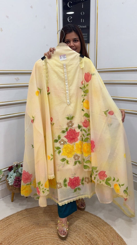 Handbrush special super premium pure Mul Mul designer hand painted summer luxury series along with hand motiv work with designer hand painted dupatta GF1098 LIGHT YELLOW