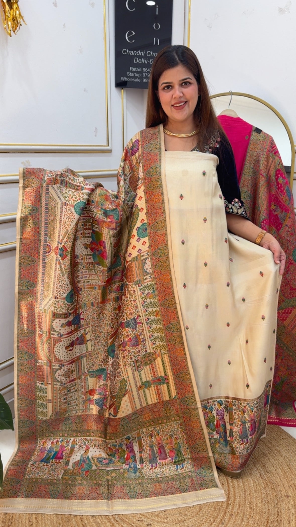 Antique and royal raw Russian silk full gold weaved Mughal print inspired suit material GF880