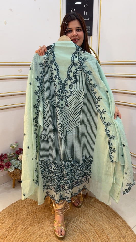 Latest Mul Mul city full thread applique work designer unstitched suit material along along with Mul cotton dupatta GF 1049 BLUE