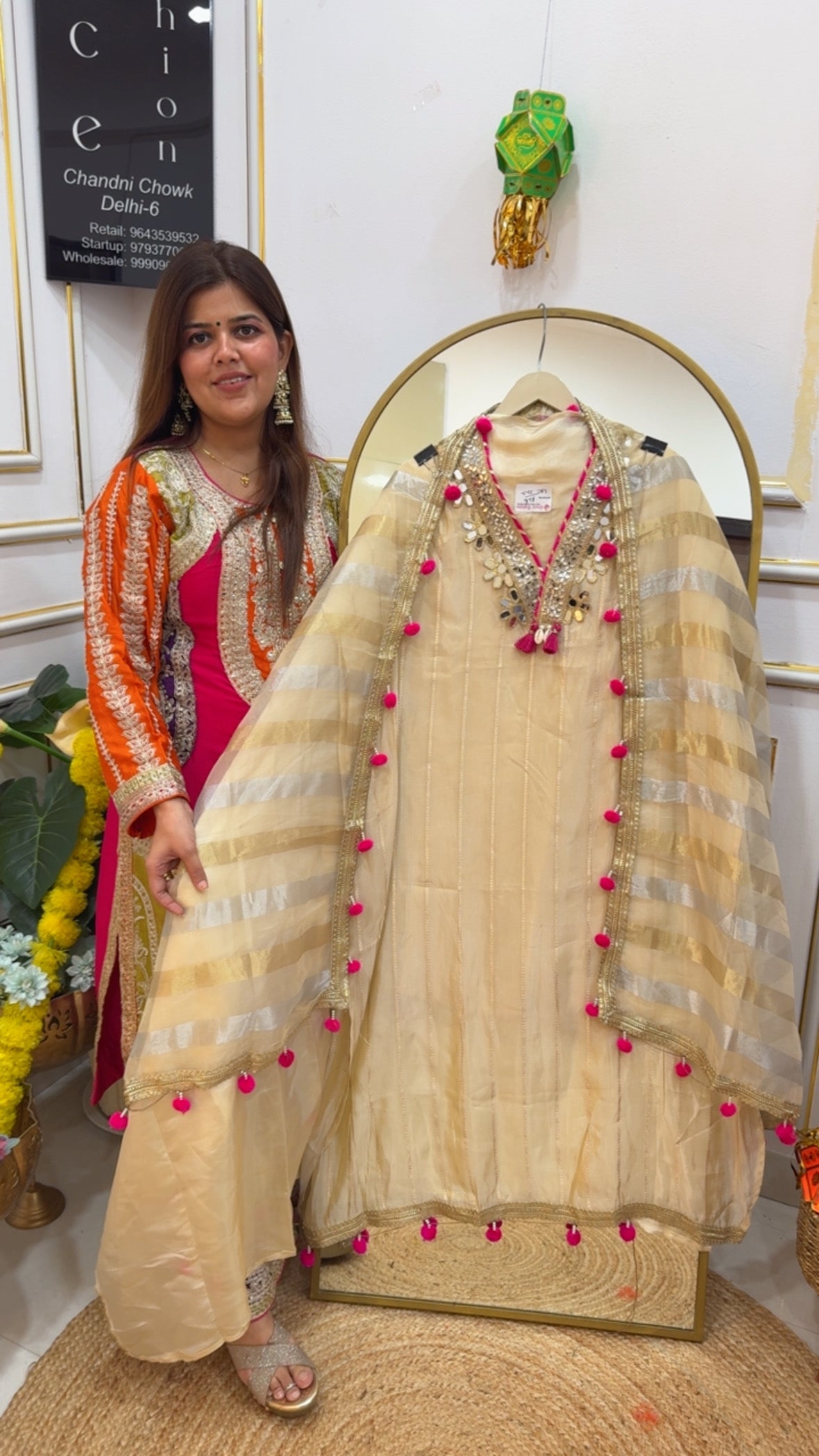 Designer partywear pure shimmer silk weaved mirror neck work with pom-pom detailing all over suit material GF 676