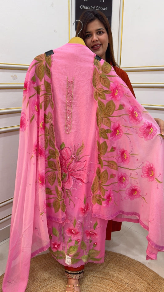 Unique and beautiful brush painted pure Mul Mul suit material along along with gorgeous brush painted dupatta summer special treat GF1067 blushing pink