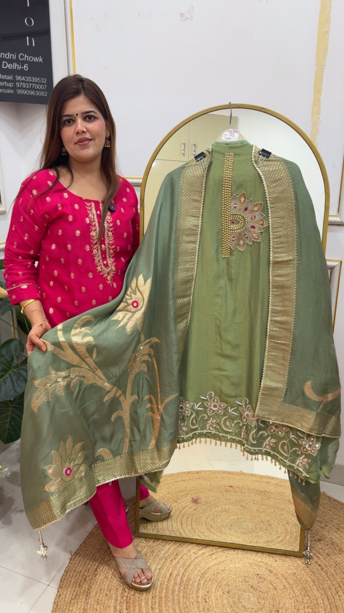 Latest and designer partywear special premium handwork detailing shimmer silk suit material with designer weaved dupatta GF 752