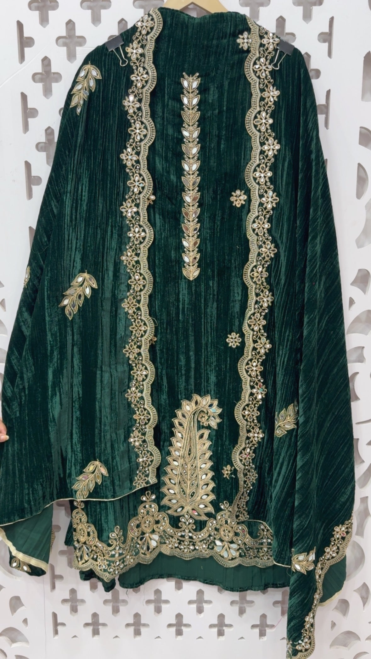 Premium luxury wedding style  crushed velvet suit material with pure handwork mirror deatailing  along with handwork crush velvet dupatta and bottom with handwork GF820