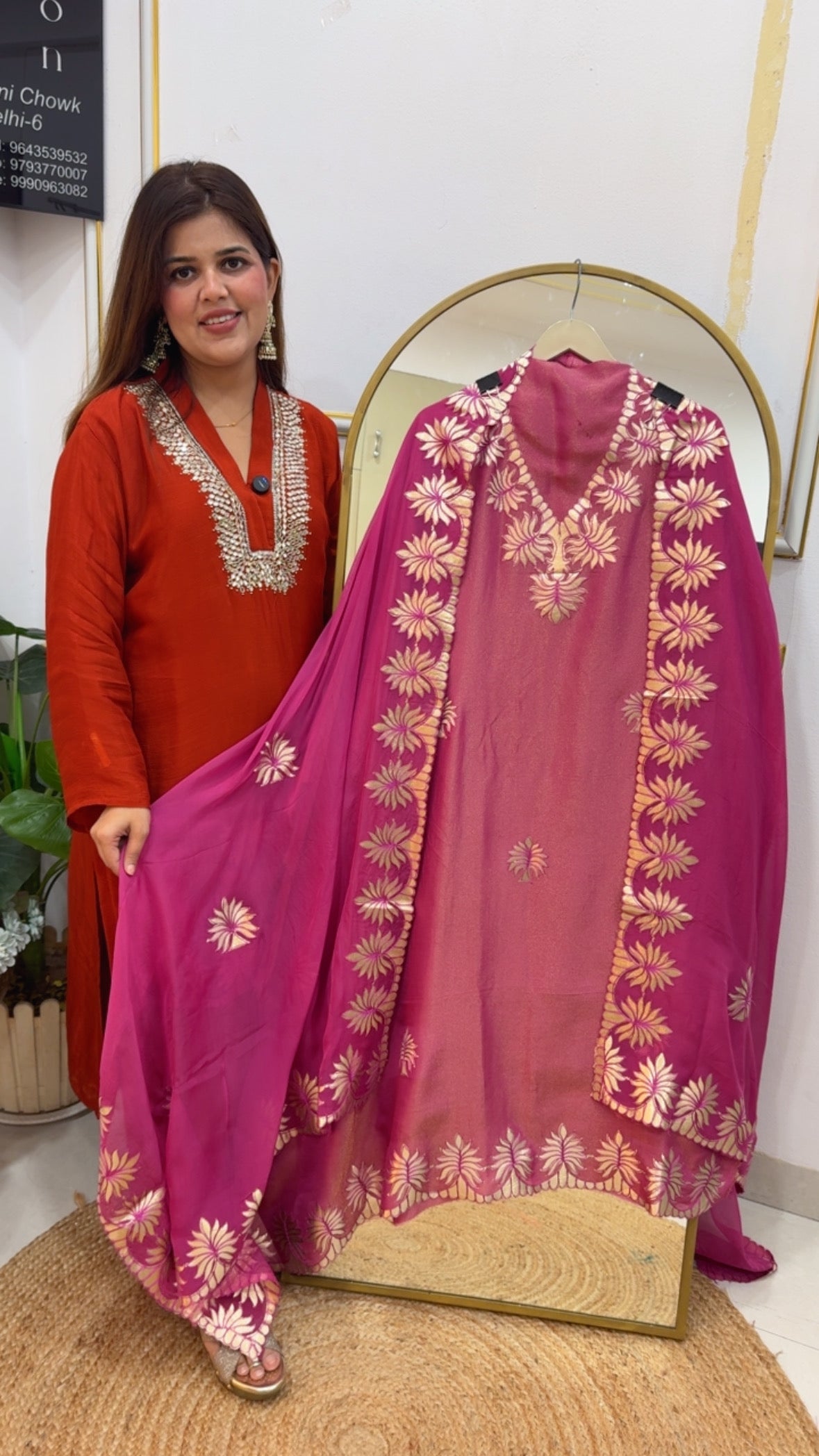 Elegant and designer pure shimmer silk suit material with all over leather patch laser detailing  GF698