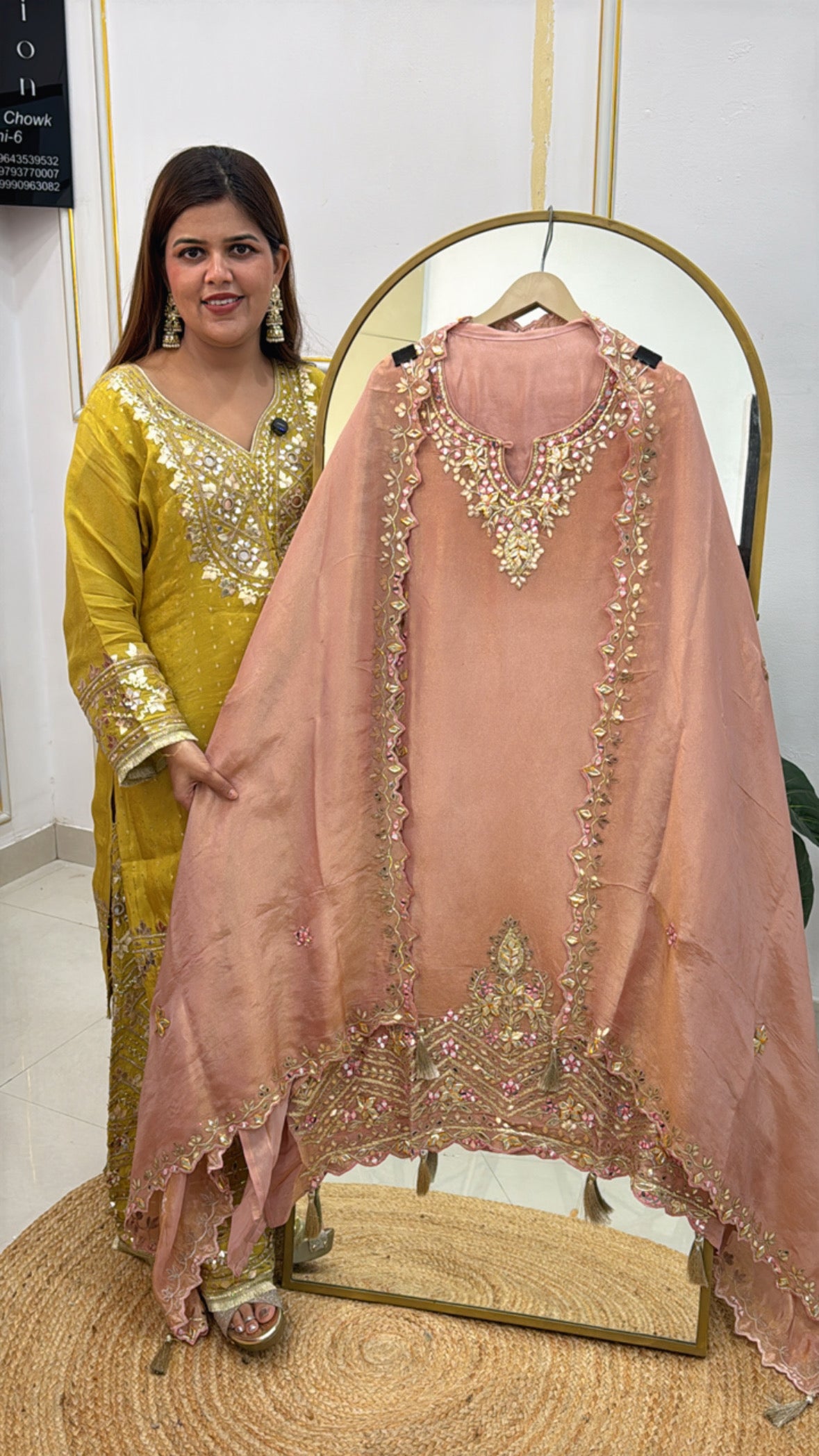 Hot seller designer shimmer tissue suit with allover manual gota work & elegant ghera detailing – perfect festive & partywear choice. GF 481