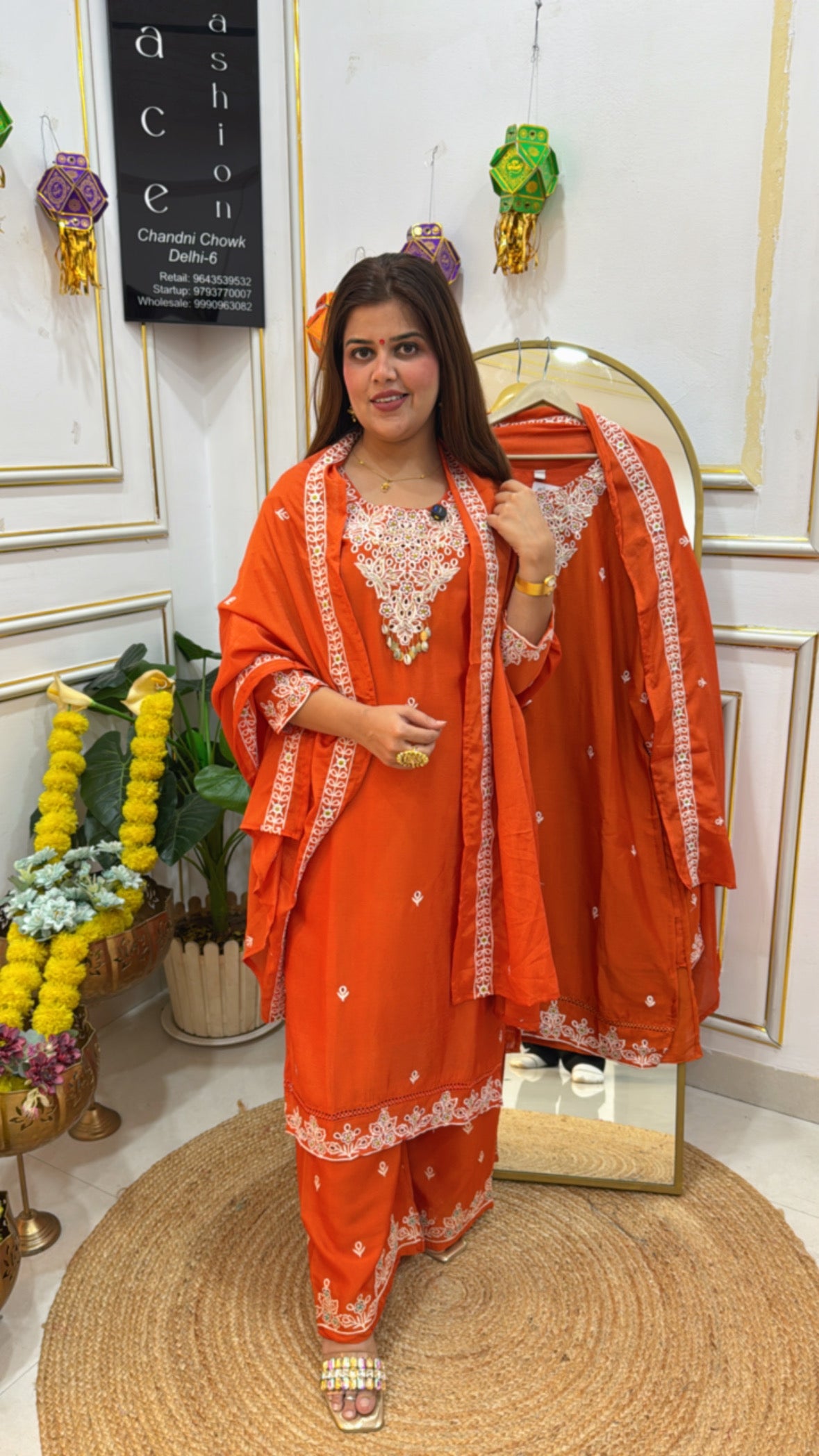 Feastival special ready to wear pure chinon silk orange colour with full embroidery GF670