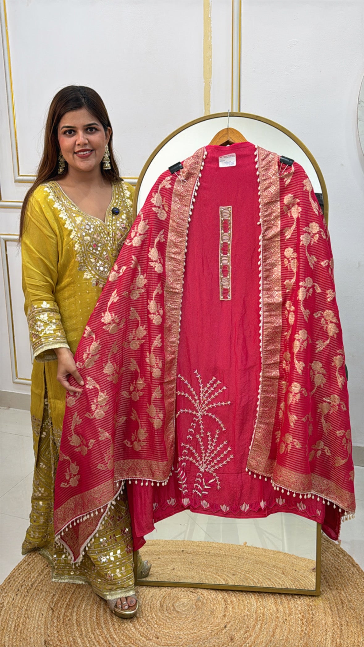 Designer pure shimmer silk suit material with unique handwork detailing along with heavy weaved silk dupatta GF484