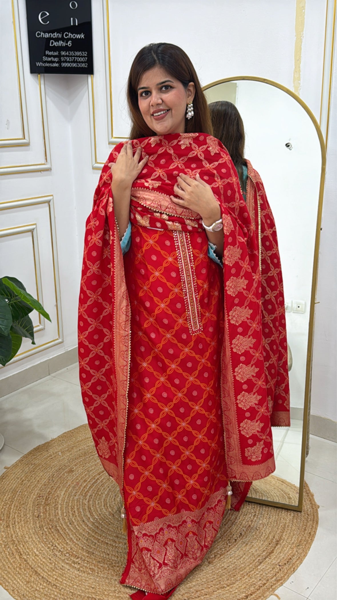 Karwa Chauth special pure raw silk bandhani weaved suit material along with pure weaved raw silk dupatta GF511