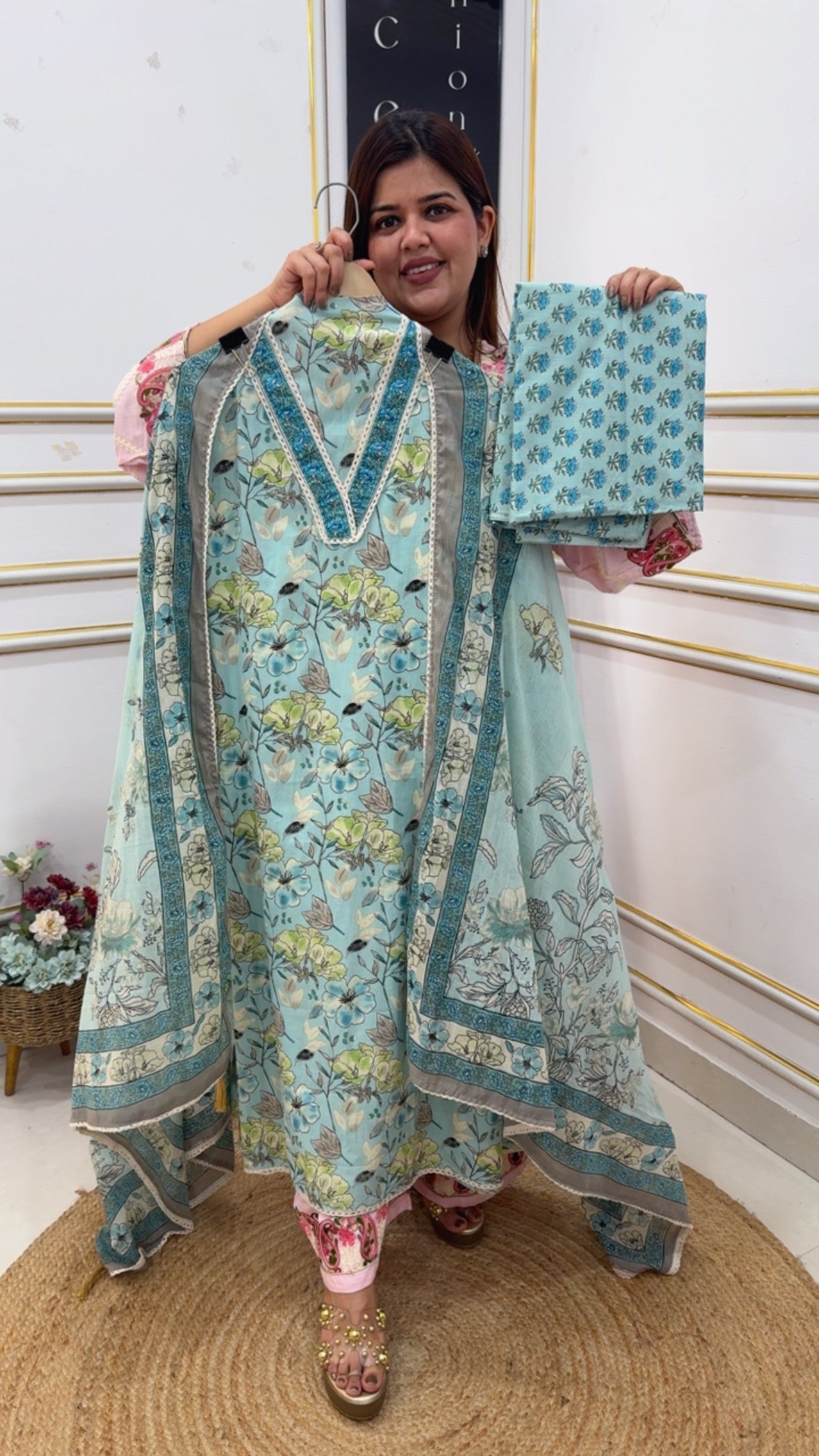 Pure cotton beautifully printed royal neck detailing suit material along with Mul Mul classy printed dupatta GF1057 LIGHT BLUE