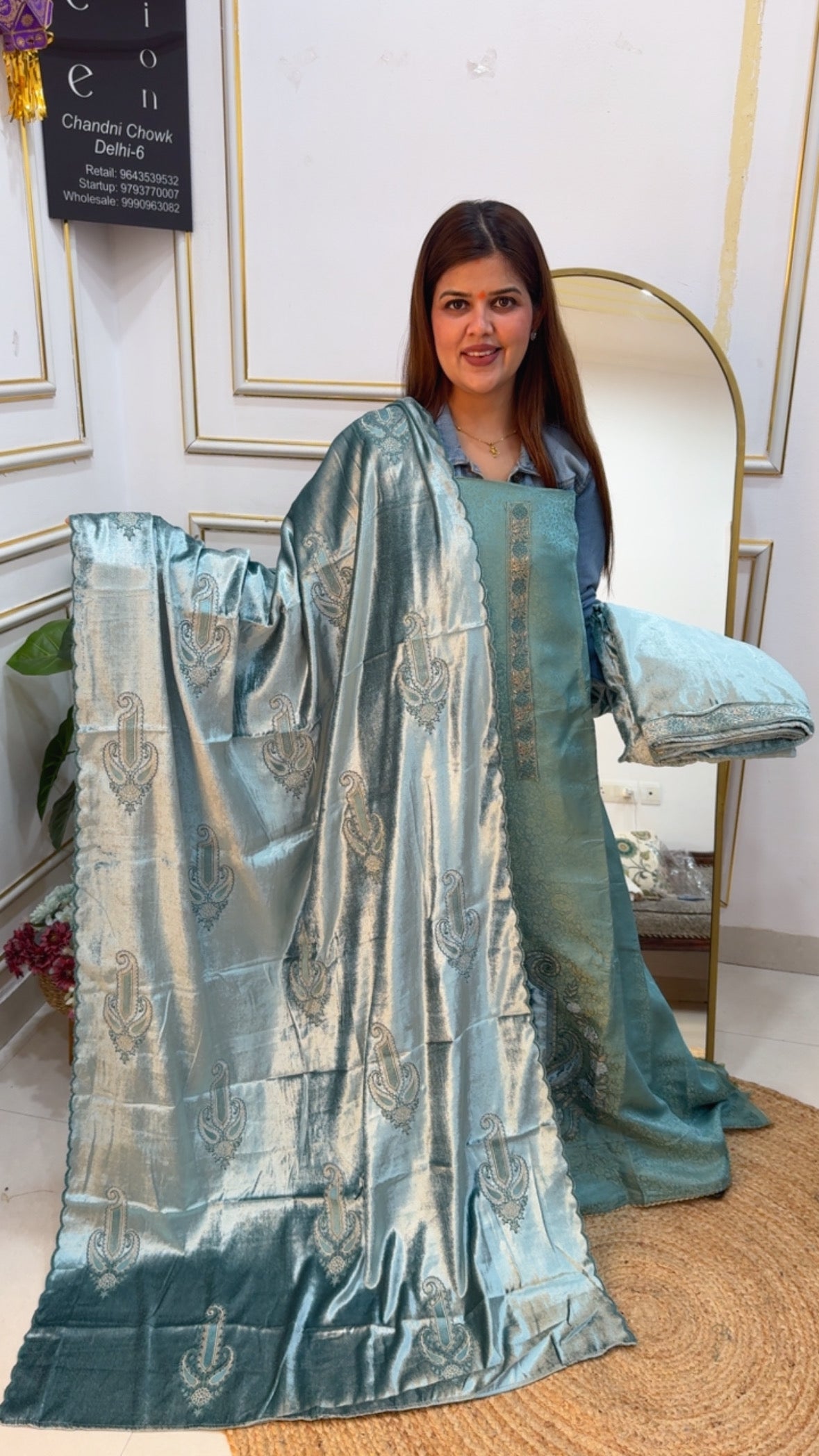 Premium and luxurious Brasso celebrity look suit material with all over applique work along with luxurious velvet dupatta and premium velvet bottom GF795