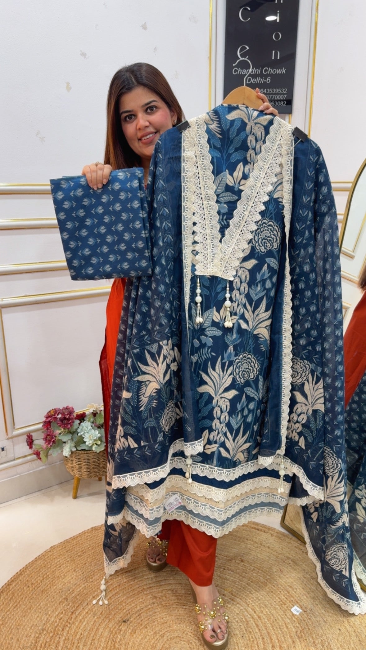 Premium and pure luxury cotton laces concept suit material along with full digital printed dupatta and printed bottom GF1084 Blue