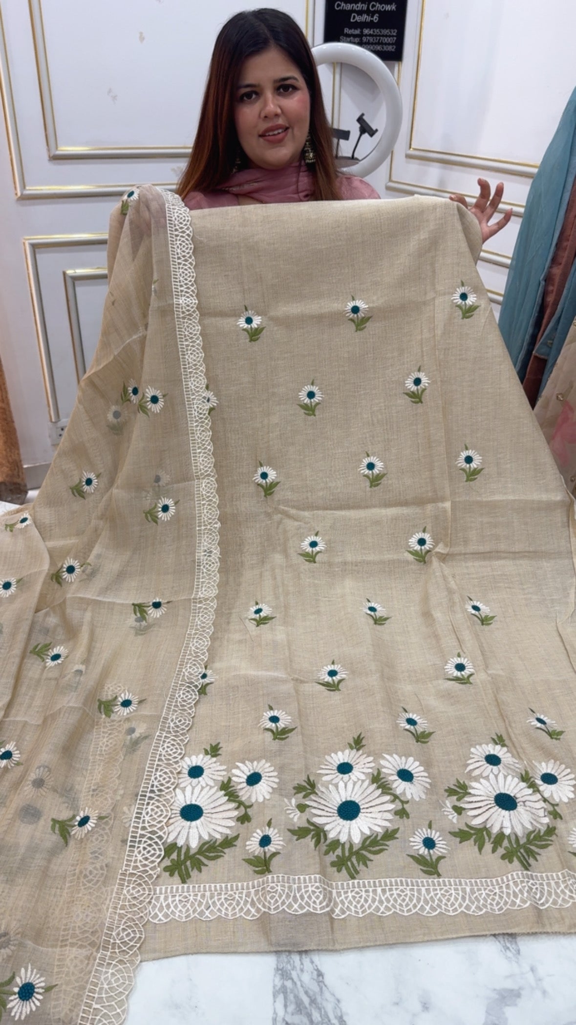 Premium pure Tusser Mul Mul embroidery Pinterest style designer suit material along with Mul Mul tusser premium quality dupatta GF1200 Beige with Blue