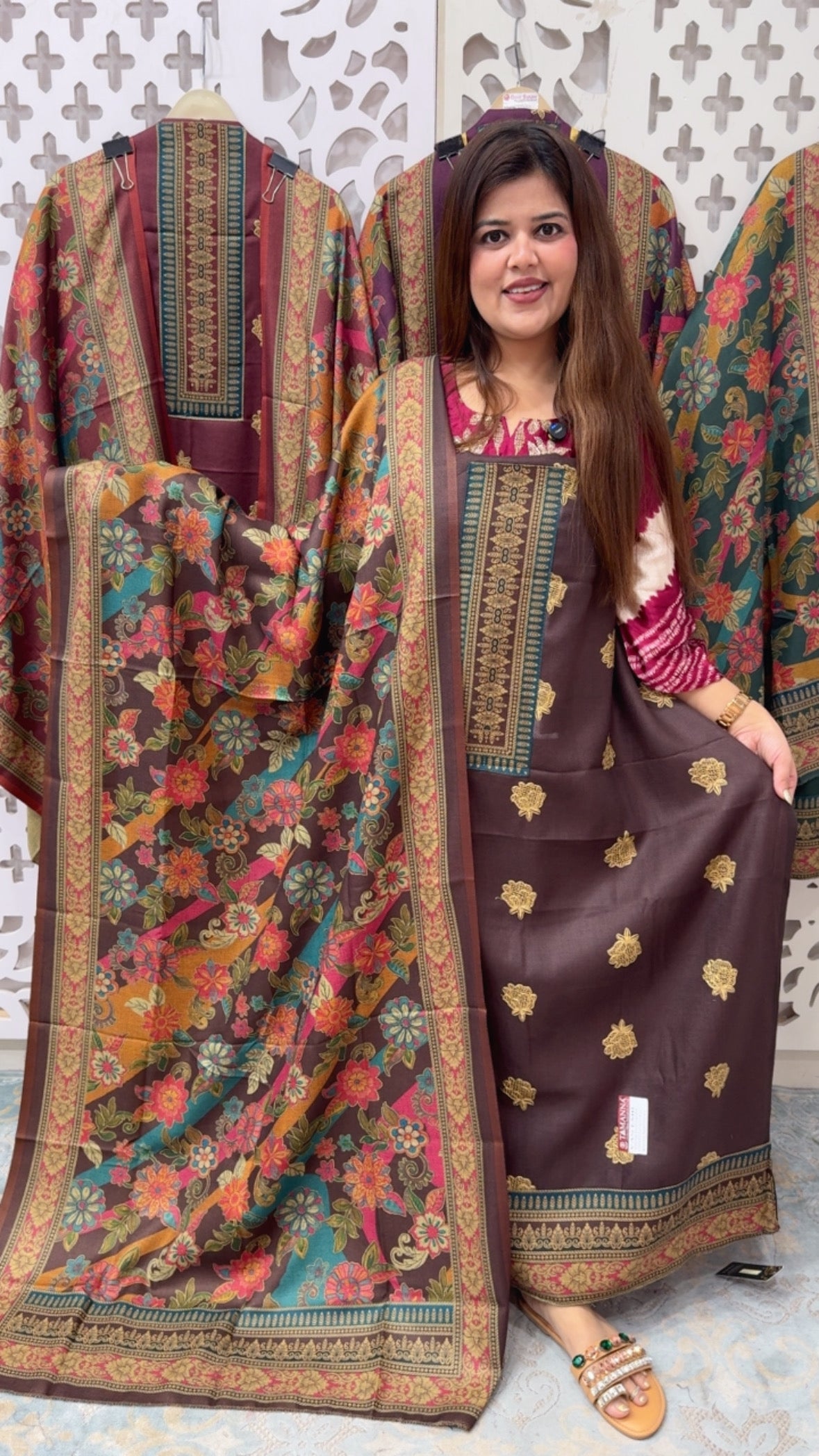 Winter wear pure embroidered pashmina suit material with full weaved dupatta prints best seller pashmina GF853