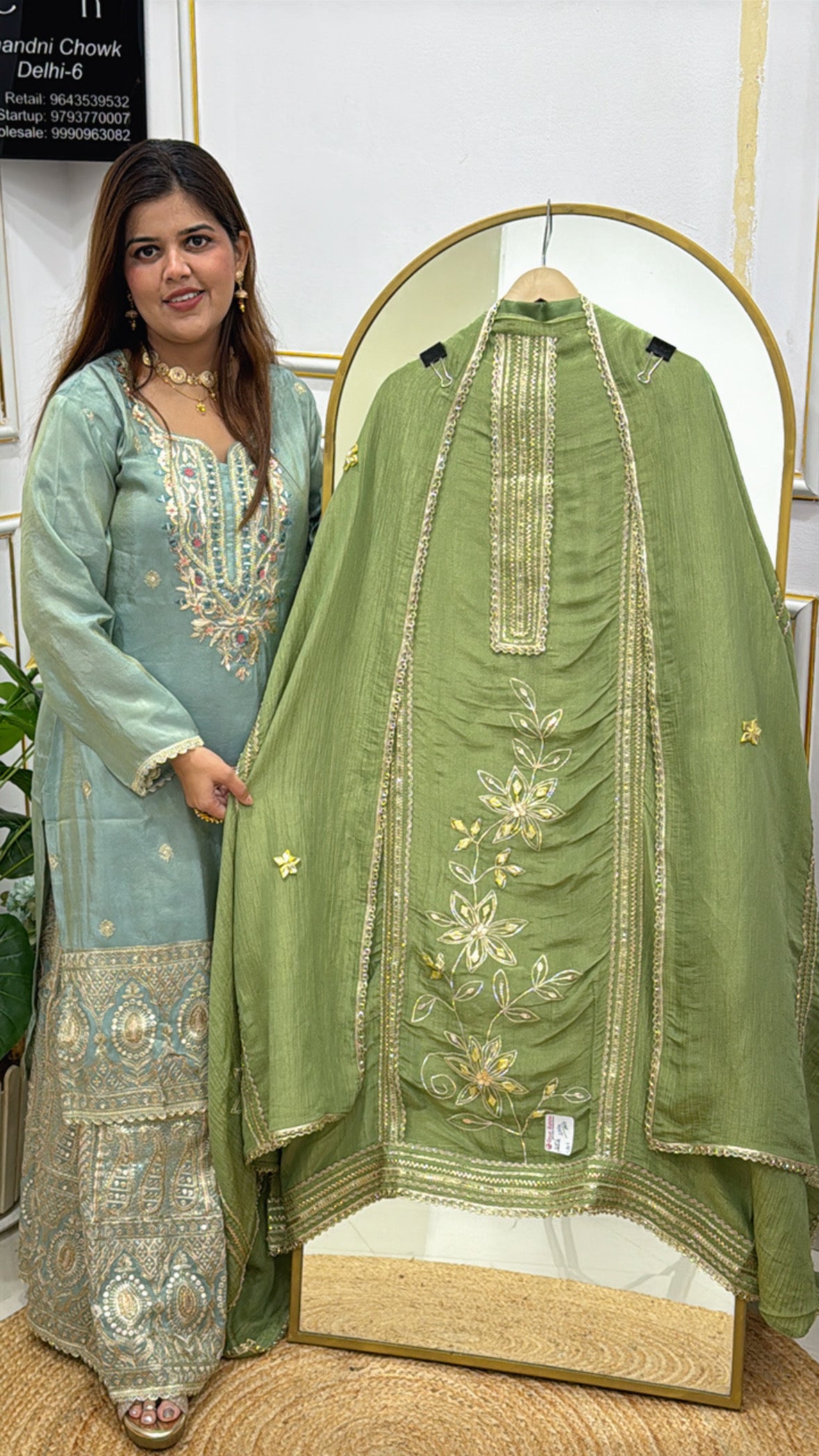 premium pure crushed shimmer silk suit material with elegant gota work all over shirt and dupatta GF561
