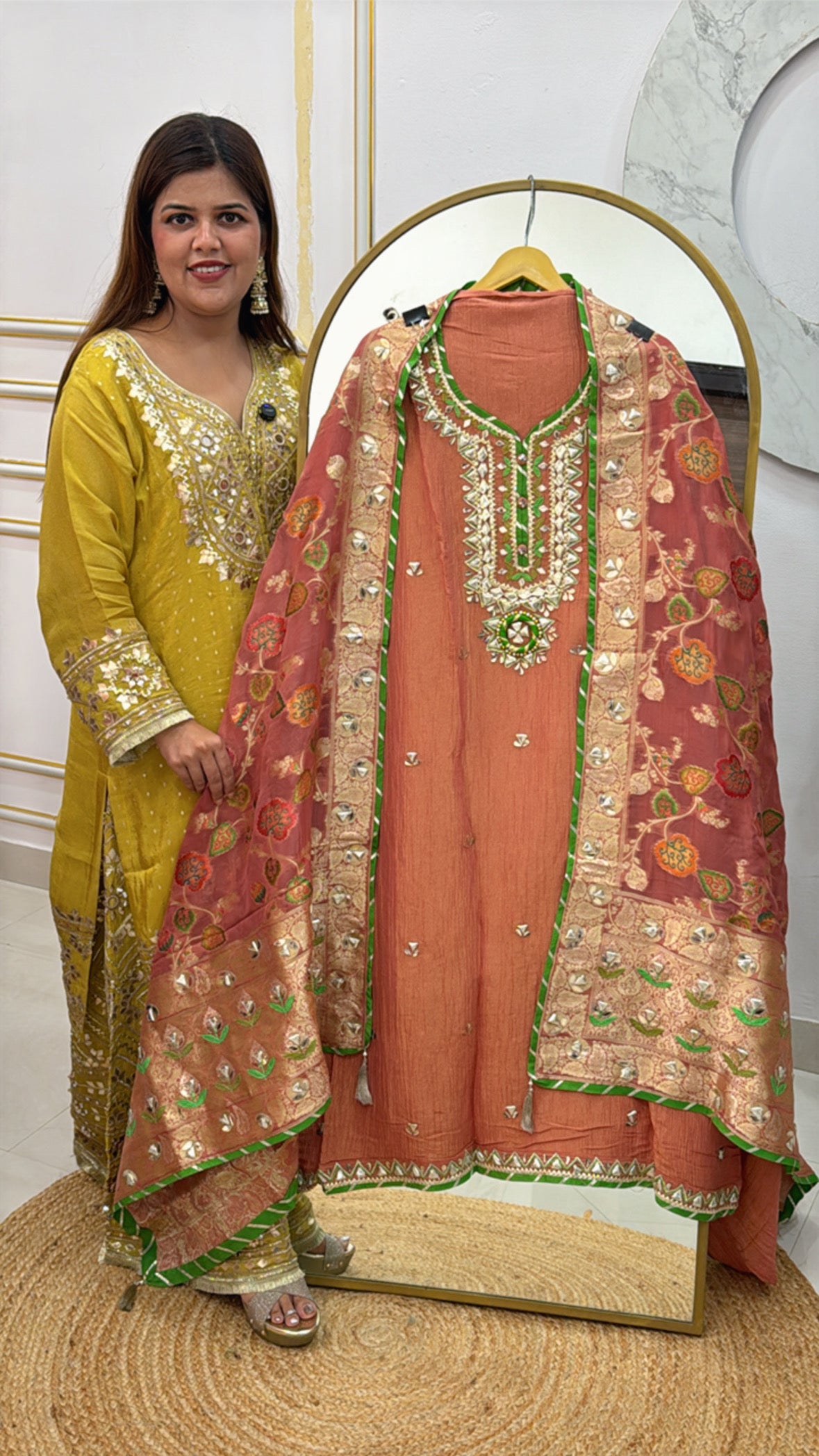 latest partywear manual gota work suit material along with fully weaved tissue dupatta with allover work detailing GF480